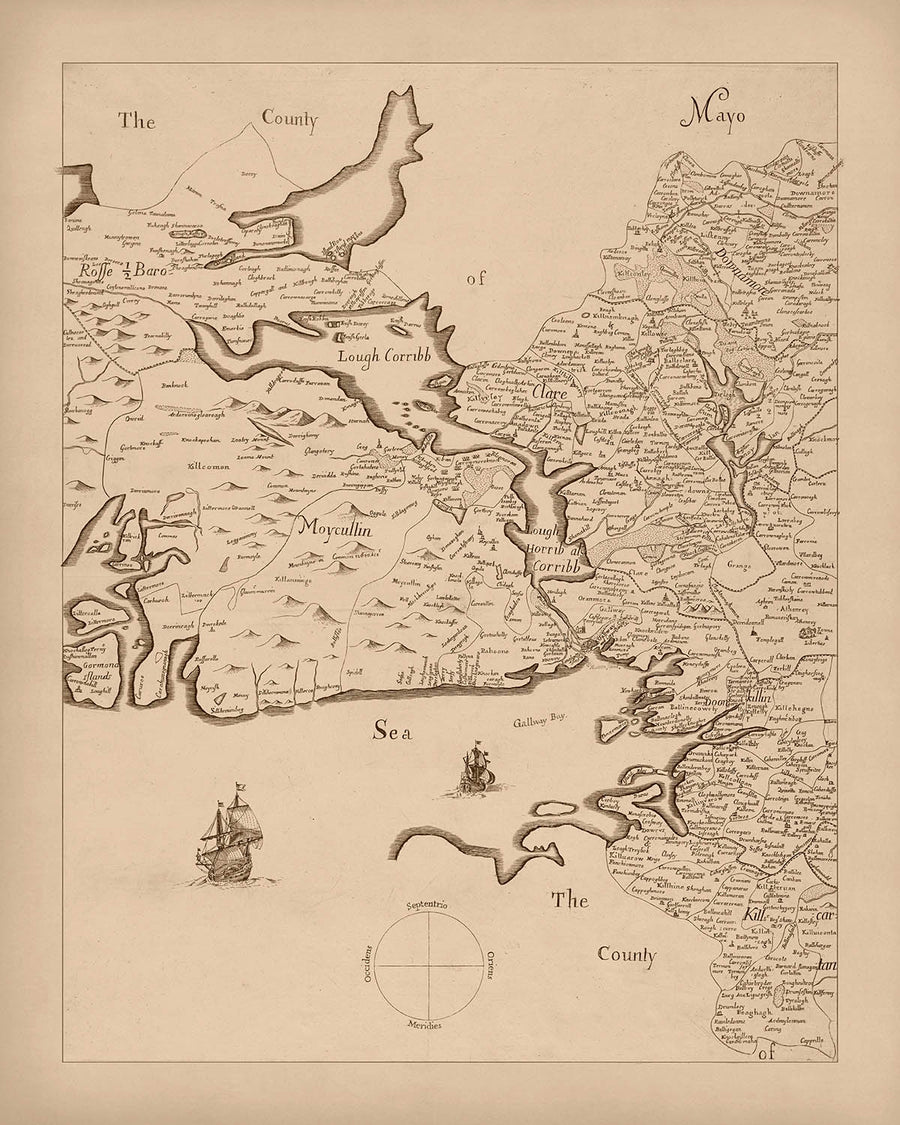 Alte Karte des County Galway, 1685: Galway, Connemara, Lough Corrib, Kylemore Abbey, Aran-Inseln 