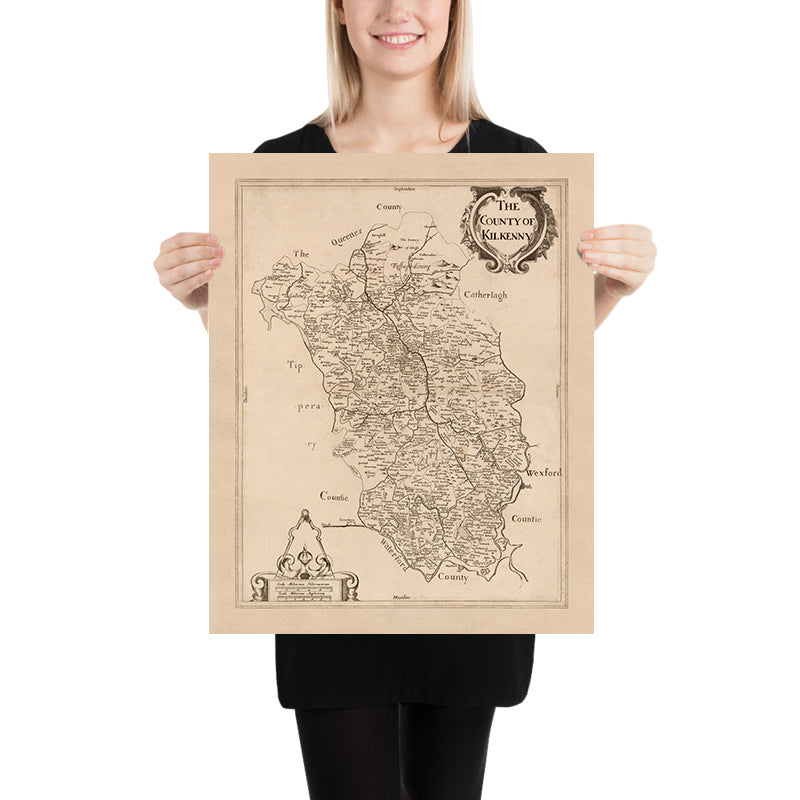 Mapa antiguo del condado de Kilkenny por Petty, 1685: Kilkenny, Callan, Thomastown, Jerpoint Abbey, Black Castle