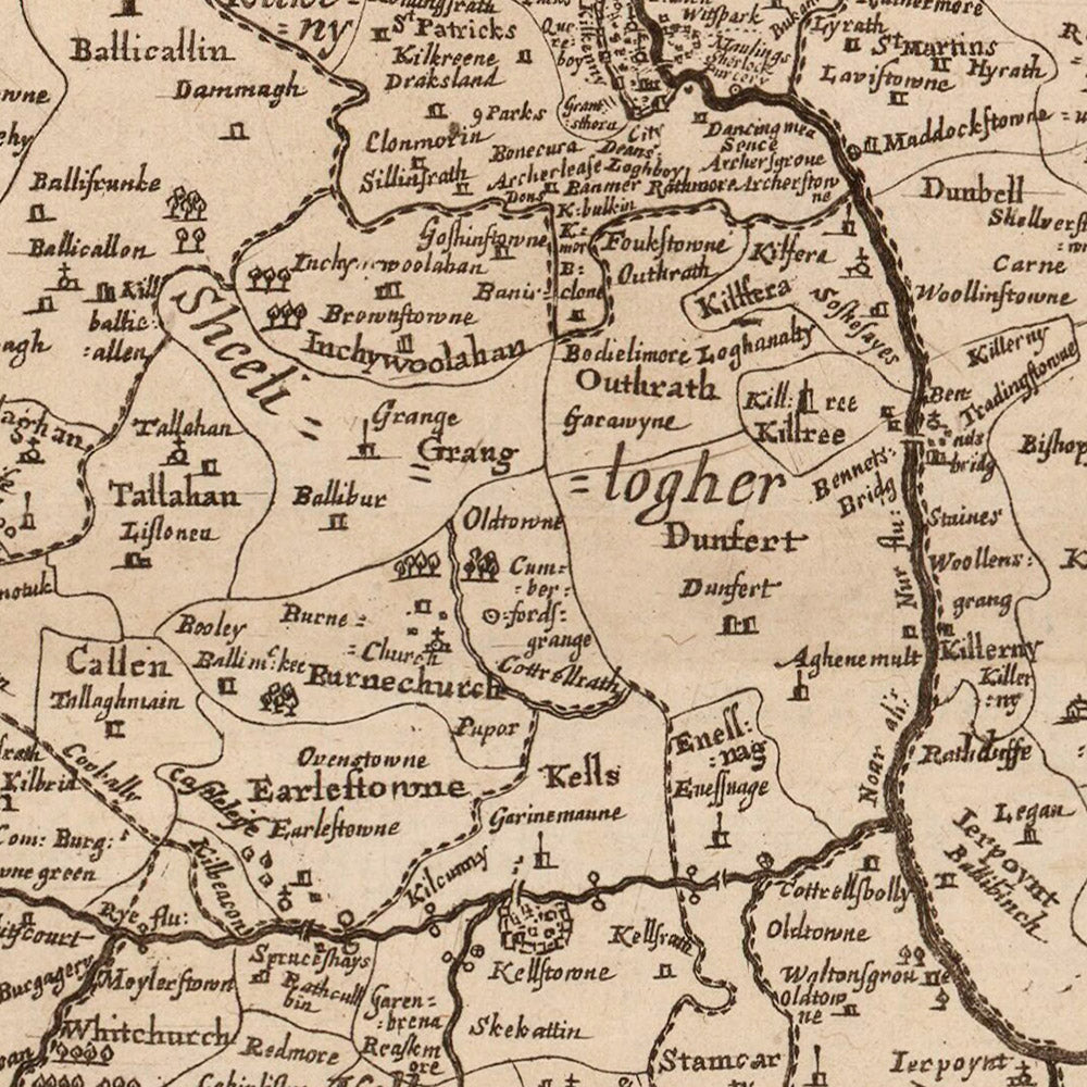 Alte Karte des County Kilkenny von Petty, 1685: Kilkenny, Callan, Thomastown, Jerpoint Abbey, Black Castle 