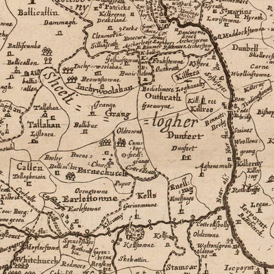 Alte Karte des County Kilkenny von Petty, 1685: Kilkenny, Callan, Thomastown, Jerpoint Abbey, Black Castle 