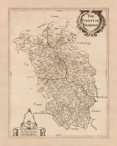 Alte Karte des County Kilkenny von Petty, 1685: Kilkenny, Callan, Thomastown, Jerpoint Abbey, Black Castle 