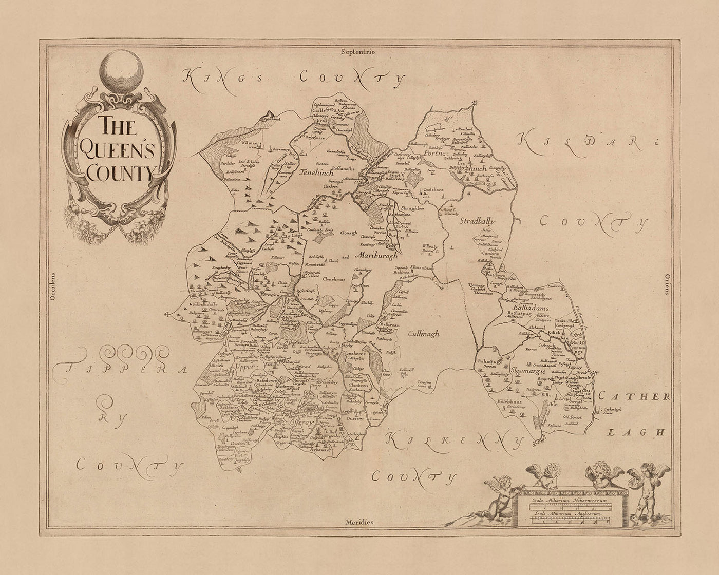 Ancienne carte du comté de Laois par Petty, 1685 : Abbeyleix, Athy, Castlecomer, Durrow, Mountmellick