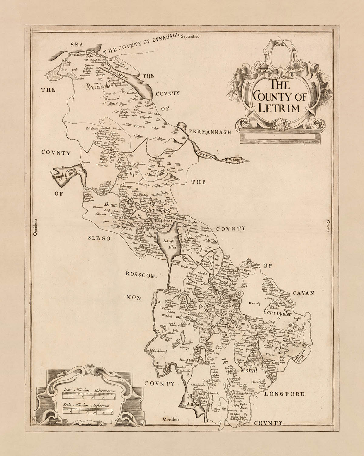 Old Map of County Leitrim by Petty, 1685: Carrick-on-Shannon, Jamestown, Ballinamore, Mohill, Carrigallen, Down Survey