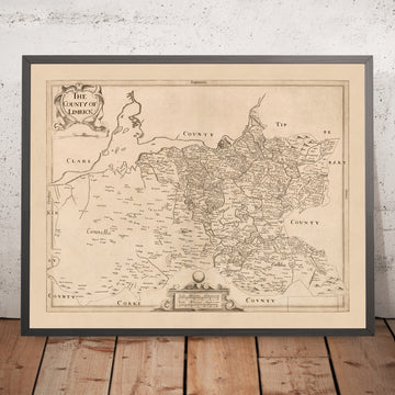 Alte Karte des County Limerick von Petty, 1685: Limerick, Newcastle West, Rathkeale, König Johanns Schloss, Desmond Schloss 