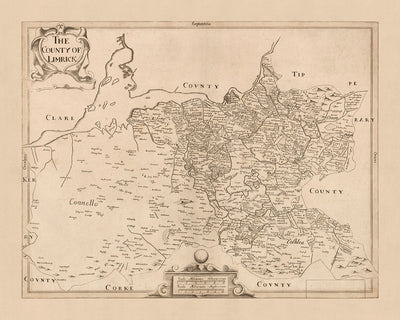 Ancienne carte du comté de Limerick par Petty, 1685 : Limerick, Newcastle West, Rathkeale, le château du roi Jean, le château de Desmond