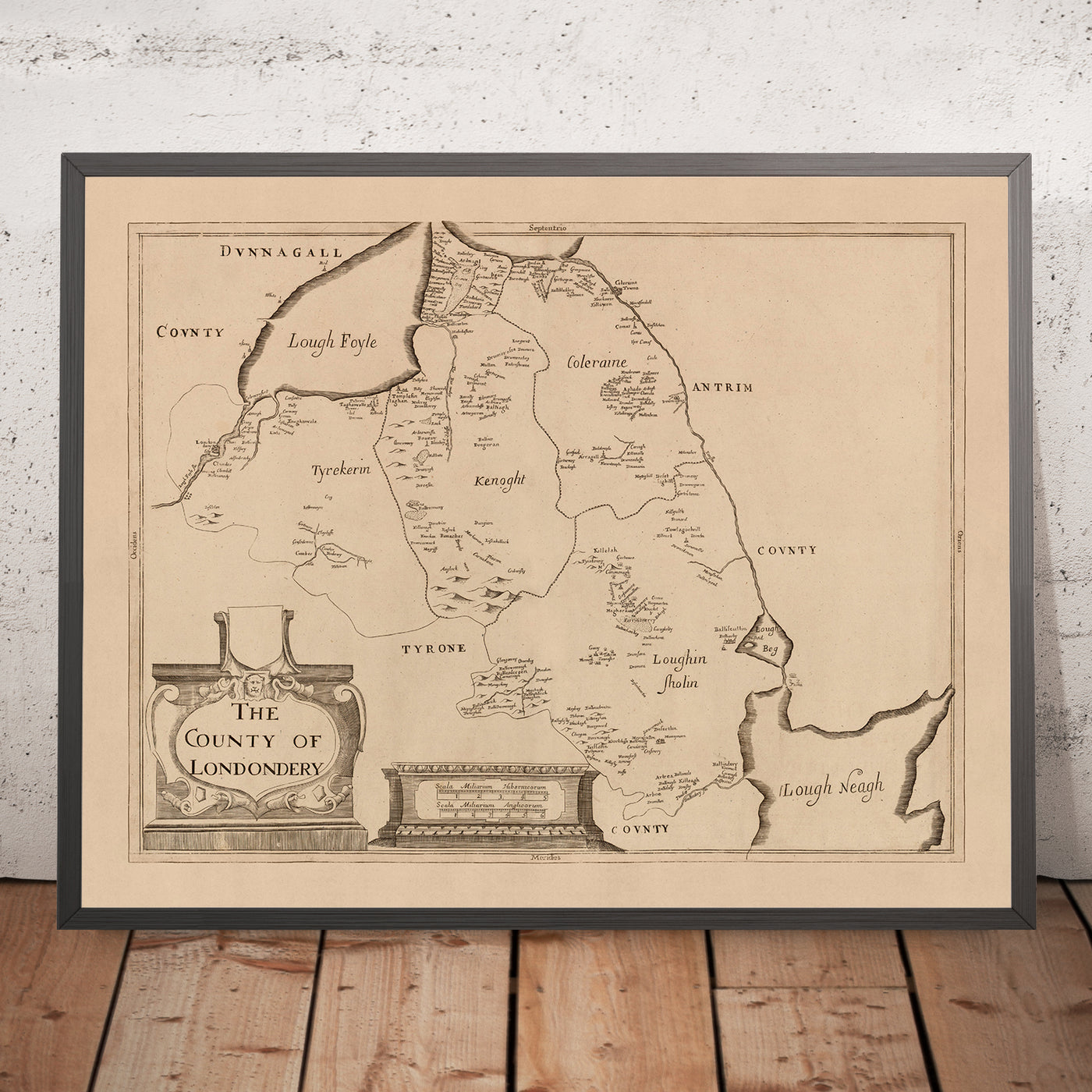 Mapa antiguo del Condado de Londonderry por Petty, 1685: Ballymoney, Portrush, Coleraine, Limavady, Downhill Demesne, Valle de Roe 