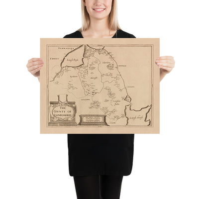 Mapa antiguo del Condado de Londonderry por Petty, 1685: Ballymoney, Portrush, Coleraine, Limavady, Downhill Demesne, Valle de Roe 