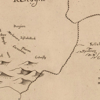 Mapa antiguo del Condado de Londonderry por Petty, 1685: Ballymoney, Portrush, Coleraine, Limavady, Downhill Demesne, Valle de Roe 