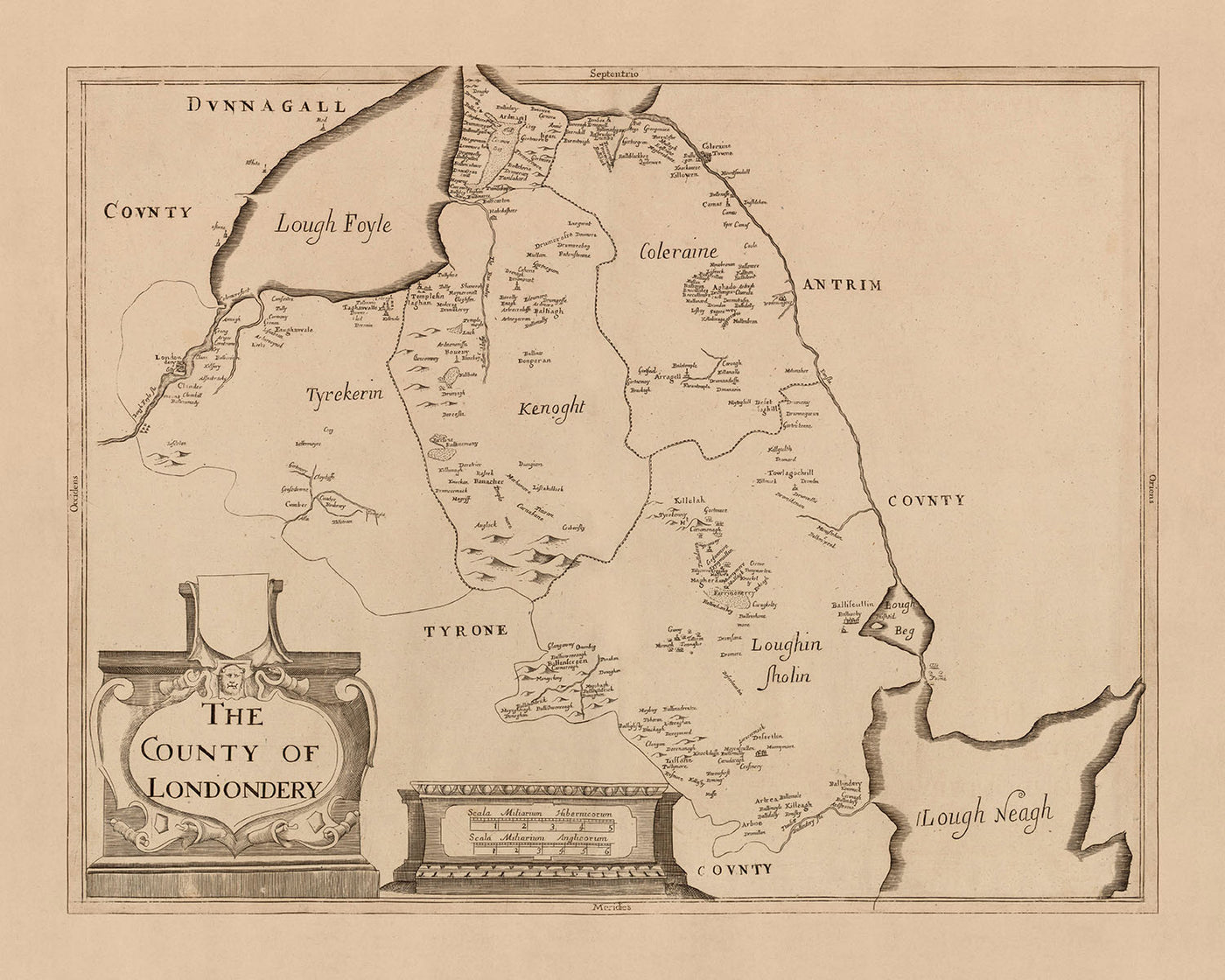 Mapa antiguo del Condado de Londonderry por Petty, 1685: Ballymoney, Portrush, Coleraine, Limavady, Downhill Demesne, Valle de Roe 
