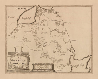 Mapa antiguo del Condado de Londonderry por Petty, 1685: Ballymoney, Portrush, Coleraine, Limavady, Downhill Demesne, Valle de Roe 