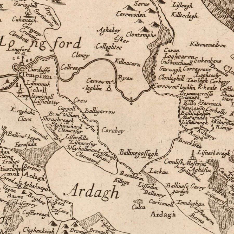 Mapa antiguo del condado de Longford por Petty, 1685: Kenagh, Lanesborough, Ballymahon, Edgeworthstown, Abbeyshrule 
