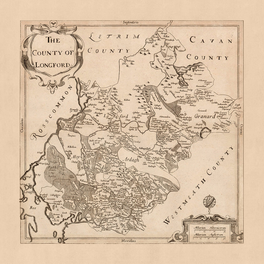 Mapa antiguo del condado de Longford por Petty, 1685: Kenagh, Lanesborough, Ballymahon, Edgeworthstown, Abbeyshrule 