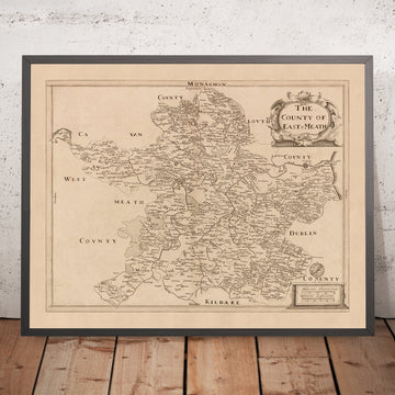 Alte Karte des County Meath (Ost-Meath) von Petty, 1685: Trim, Navan, Kells, Ashbourne, Drogheda, Skerries 