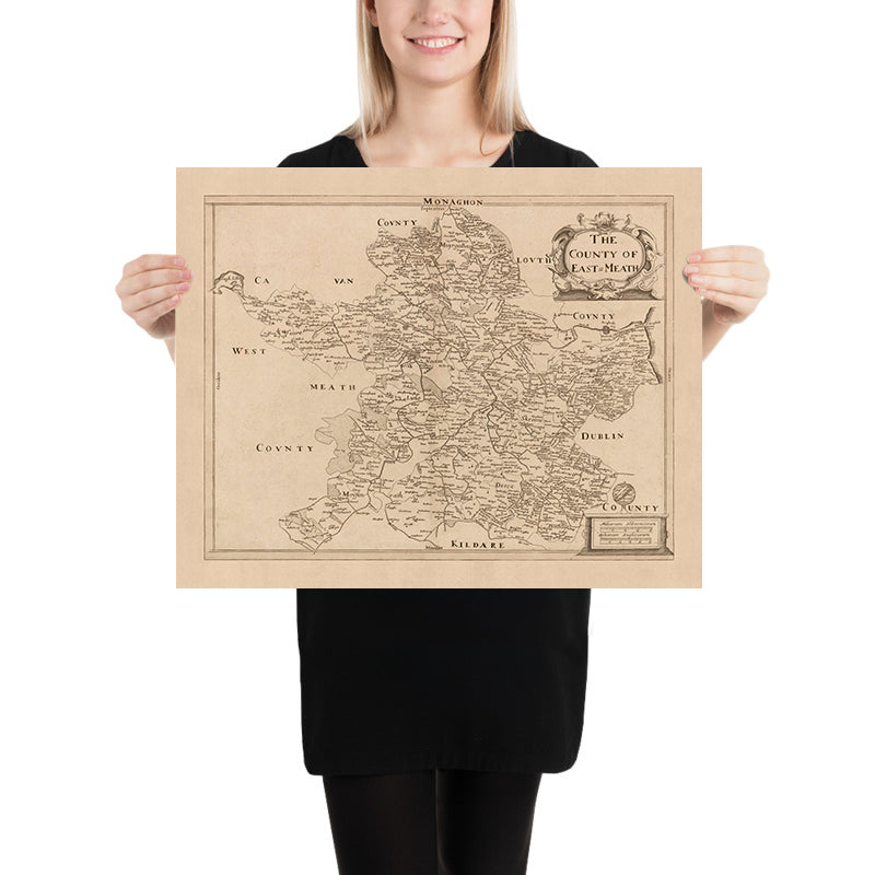 Antigua mapa del condado de Meath (Meath del Este) por Petty, 1685: Trim, Navan, Kells, Ashbourne, Drogheda, Skerries 