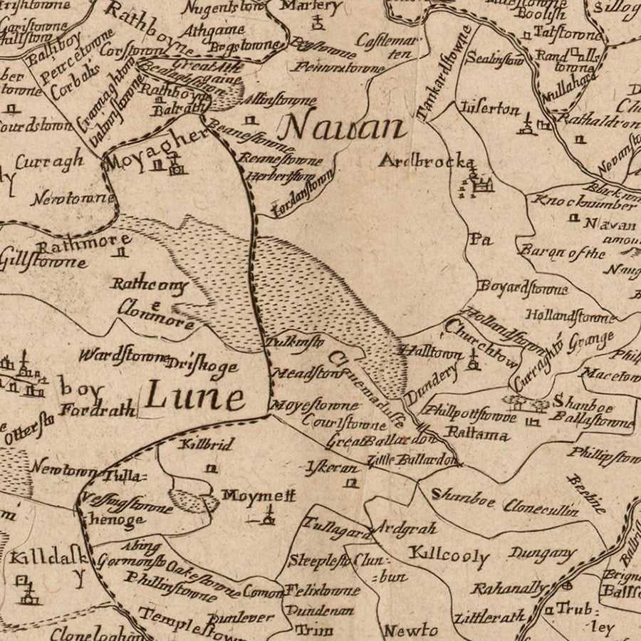 Antigua mapa del condado de Meath (Meath del Este) por Petty, 1685: Trim, Navan, Kells, Ashbourne, Drogheda, Skerries 