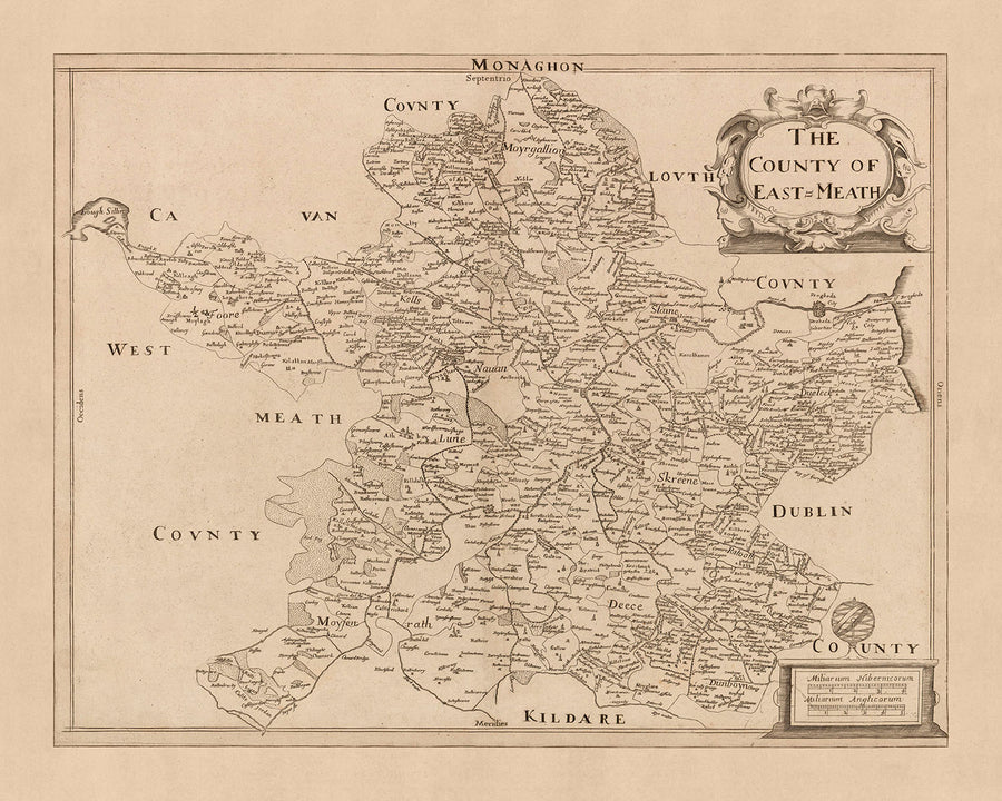 Antigua mapa del condado de Meath (Meath del Este) por Petty, 1685: Trim, Navan, Kells, Ashbourne, Drogheda, Skerries 