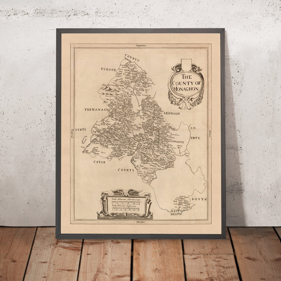 Mapa antiguo del condado de Monaghan, 1685: Monaghan, Glaslough, Castleblaney, Clones, Ballybay