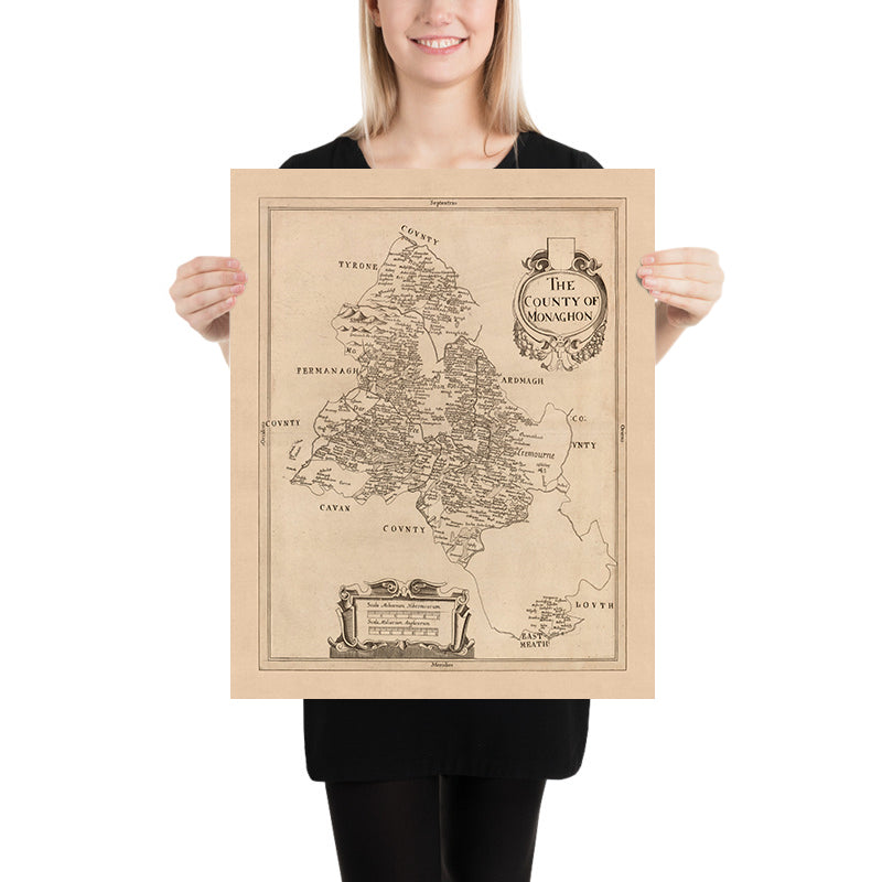 Mapa antiguo del condado de Monaghan, 1685: Monaghan, Glaslough, Castleblaney, Clones, Ballybay