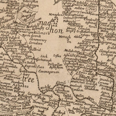 Alte Karte des County Monaghan, 1685: Monaghan, Glaslough, Castleblaney, Clones, Ballybay 