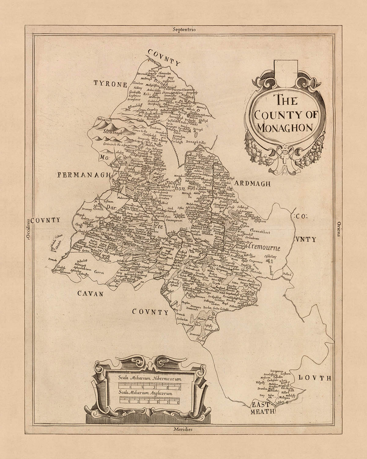 Alte Karte des County Monaghan, 1685: Monaghan, Glaslough, Castleblaney, Clones, Ballybay 