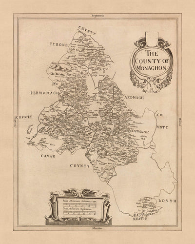 Alte Karte des County Monaghan, 1685: Monaghan, Glaslough, Castleblaney, Clones, Ballybay 