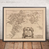 Ancienne carte du comté d'Offaly (King's County) par Petty, 1685 : Tullamore, Birr, Shinrone, Banagher, Clara 