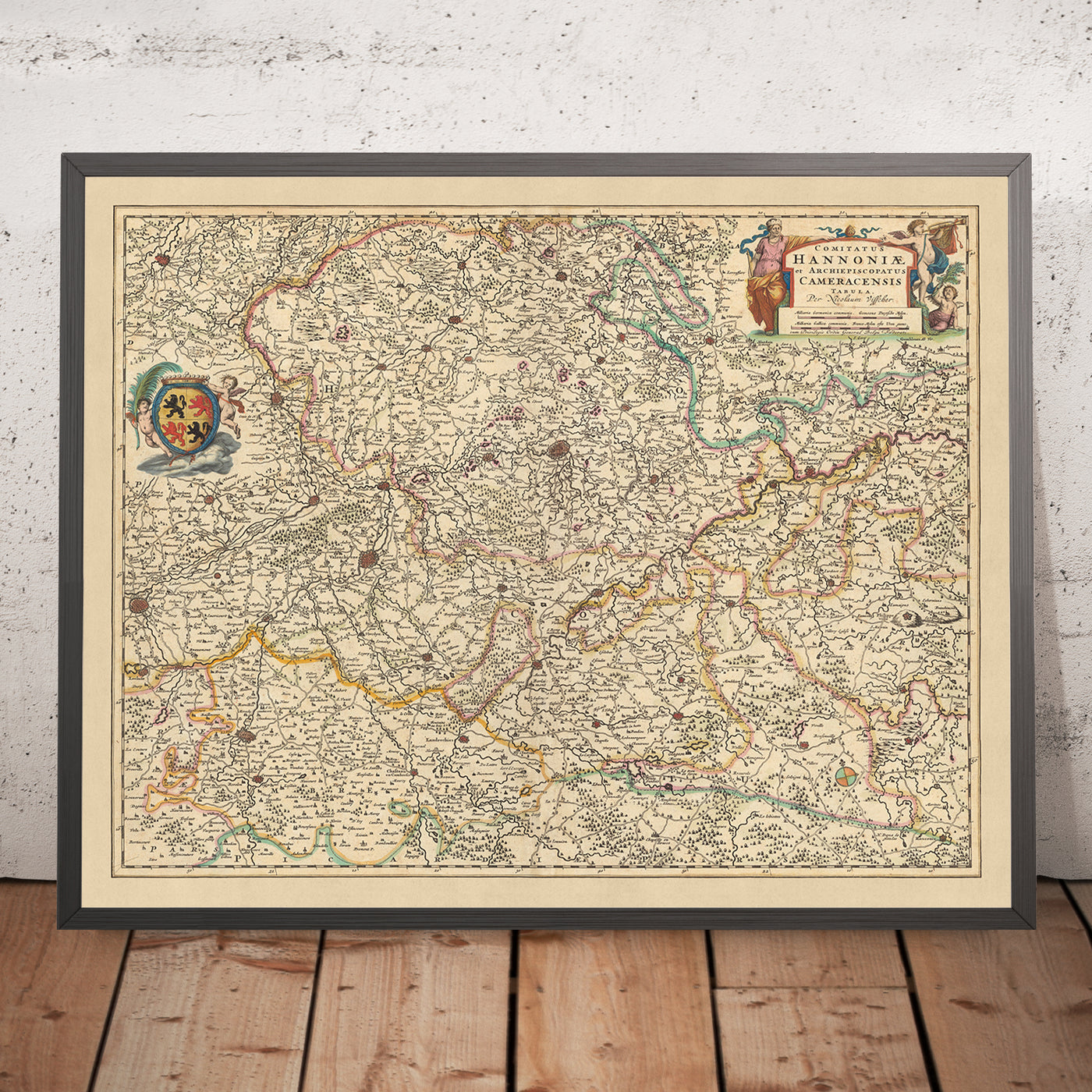 Mapa antiguo del condado de Hainaut y arzobispado de Cambrai por Visscher, 1690: Charleroi, Mons, Cambrai, Parc l'Avesnois, Parque Scarpe-Escaut