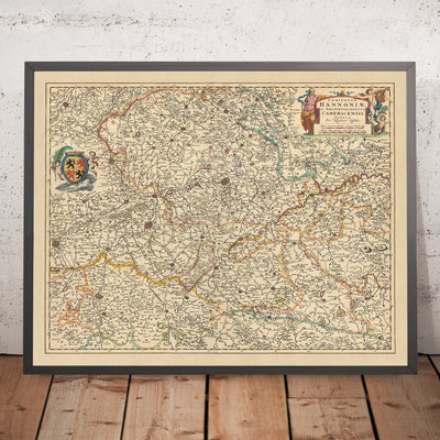 Mapa antiguo del condado de Hainaut y arzobispado de Cambrai por Visscher, 1690: Charleroi, Mons, Cambrai, Parc l'Avesnois, Parque Scarpe-Escaut