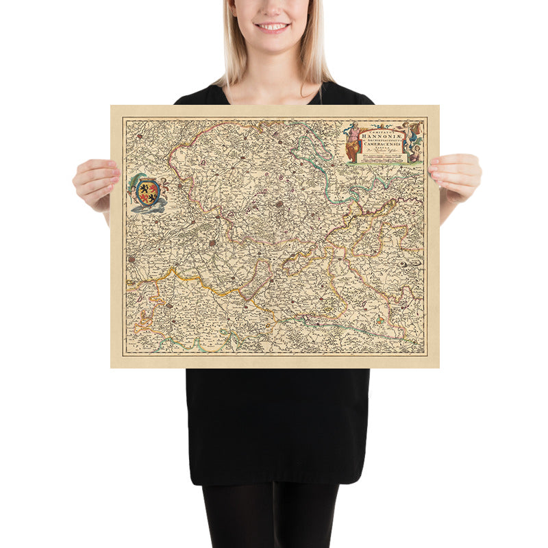 Mapa antiguo del condado de Hainaut y arzobispado de Cambrai por Visscher, 1690: Charleroi, Mons, Cambrai, Parc l'Avesnois, Parque Scarpe-Escaut