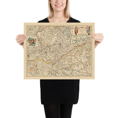 Mapa antiguo del condado de Hainaut y arzobispado de Cambrai por Visscher, 1690: Charleroi, Mons, Cambrai, Parc l'Avesnois, Parque Scarpe-Escaut