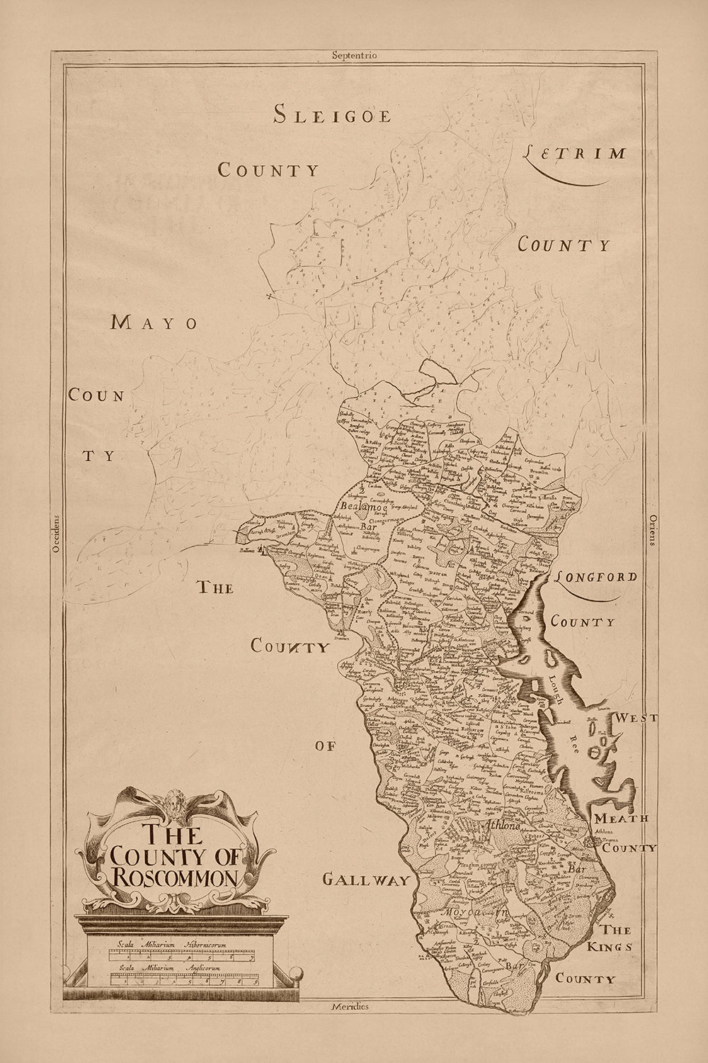 Old Map of County Roscommon by Petty, 1685: Athlone, Boyle, Strokestown, Ballinlough, Tulsk