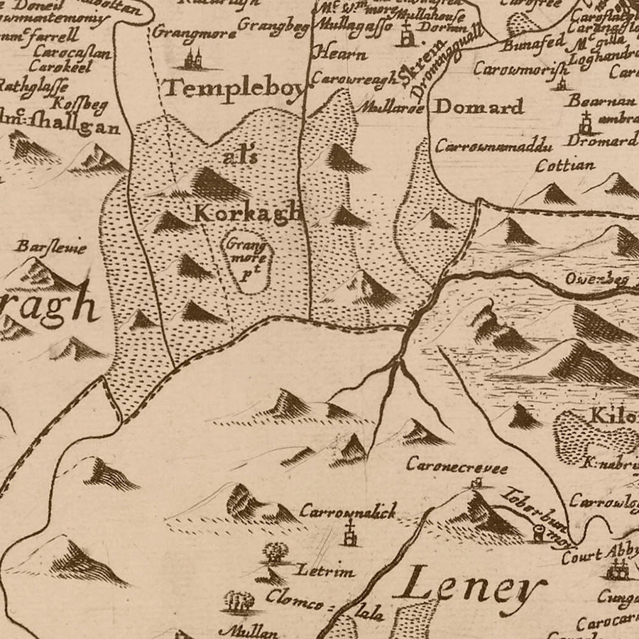 Mappa antica della contea di Sligo di Petty, 1685: Boyle, Knocknarea, Lough Gill, Benbulben, Monti Ox 