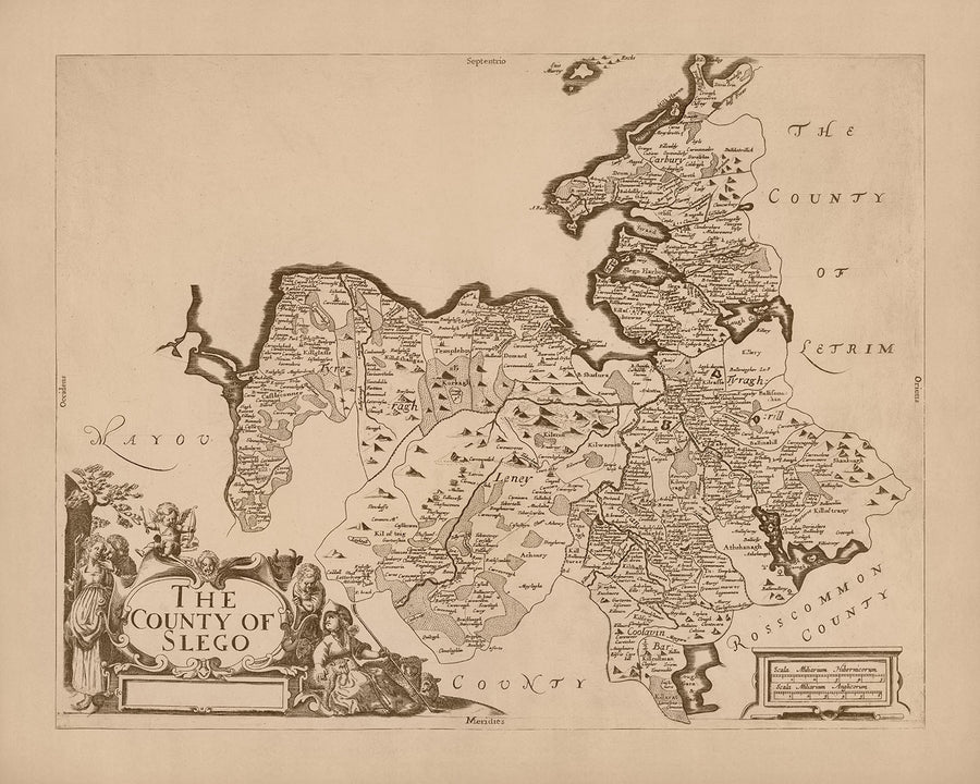 Mappa antica della contea di Sligo di Petty, 1685: Boyle, Knocknarea, Lough Gill, Benbulben, Monti Ox 