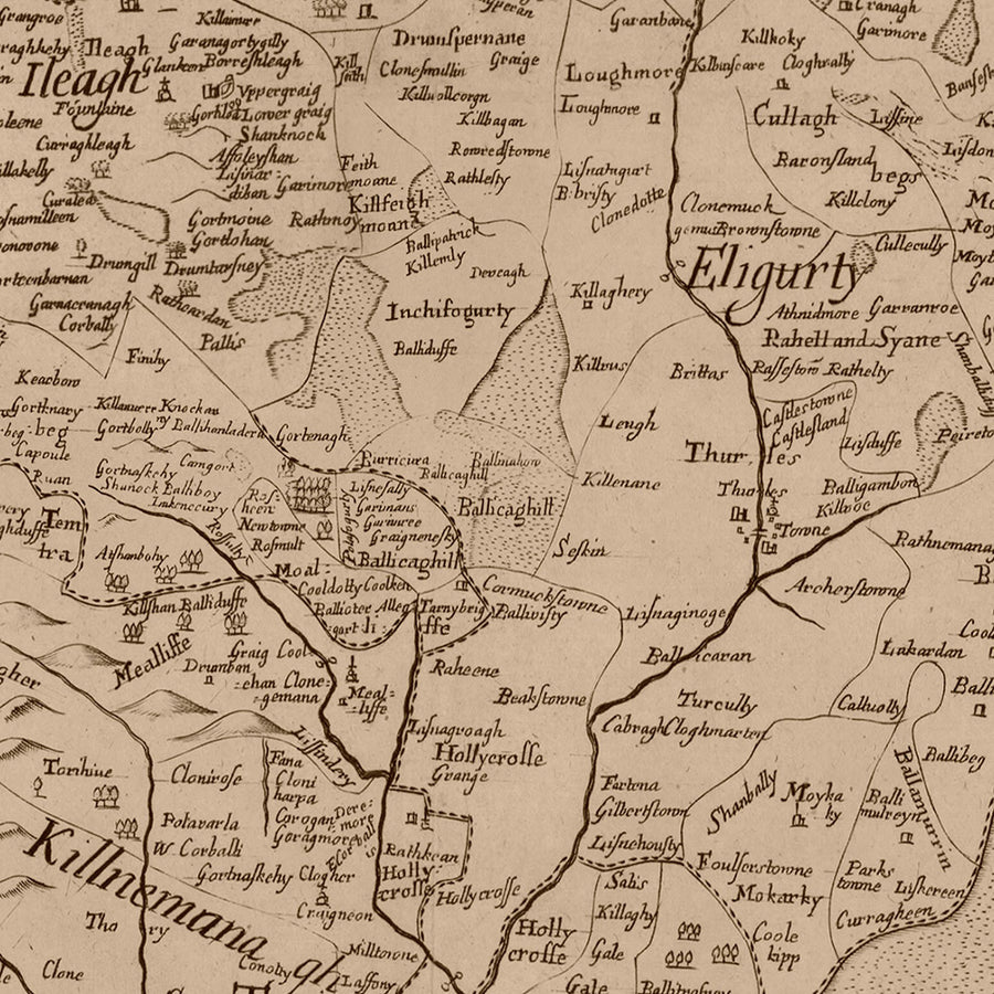 Alte Karte des County Tipperary von Petty, 1685: Cashel, Clonmel, Fethard, Nenagh, Roscrea 