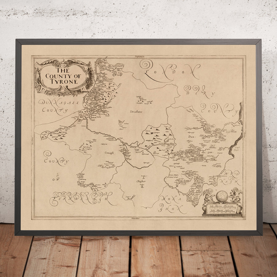 Ancienne carte du comté de Tyrone par Petty, 1685 : Strabane, Omagh, montagnes Sperrin, canal d&