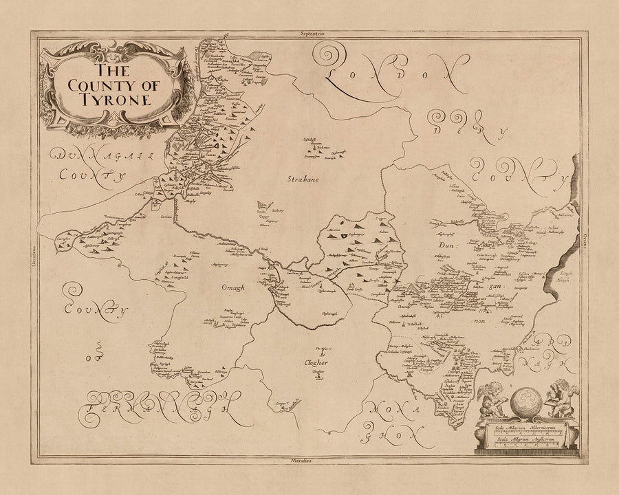 Ancienne carte du comté de Tyrone par Petty, 1685 : Strabane, Omagh, montagnes Sperrin, canal d&
