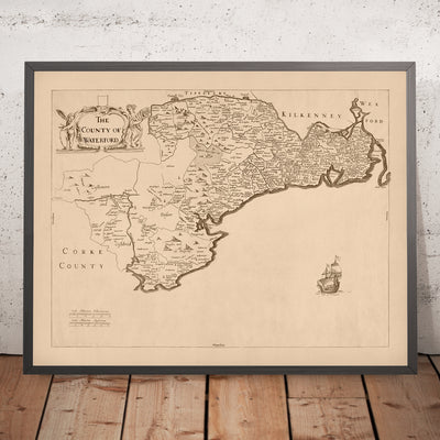 Ancienne carte du comté de Waterford par Petty, 1685 : Waterford, Lismore, Suif, Youghal, Cappoquin