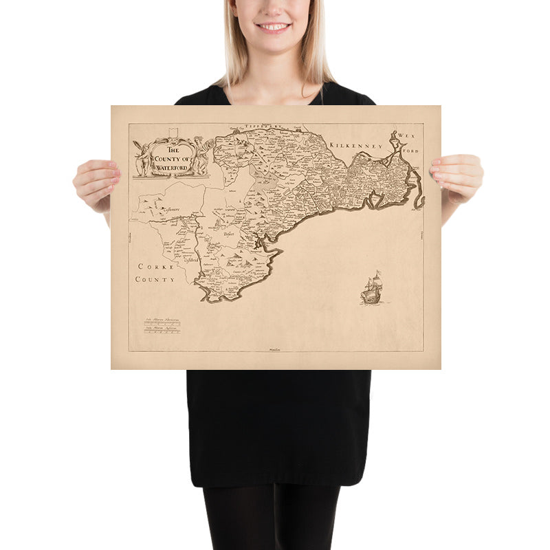 Old Map of County Waterford by Petty, 1685: Waterford, Lismore, Tallow, Youghal, Cappoquin