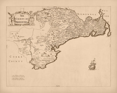 Ancienne carte du comté de Waterford par Petty, 1685 : Waterford, Lismore, Suif, Youghal, Cappoquin
