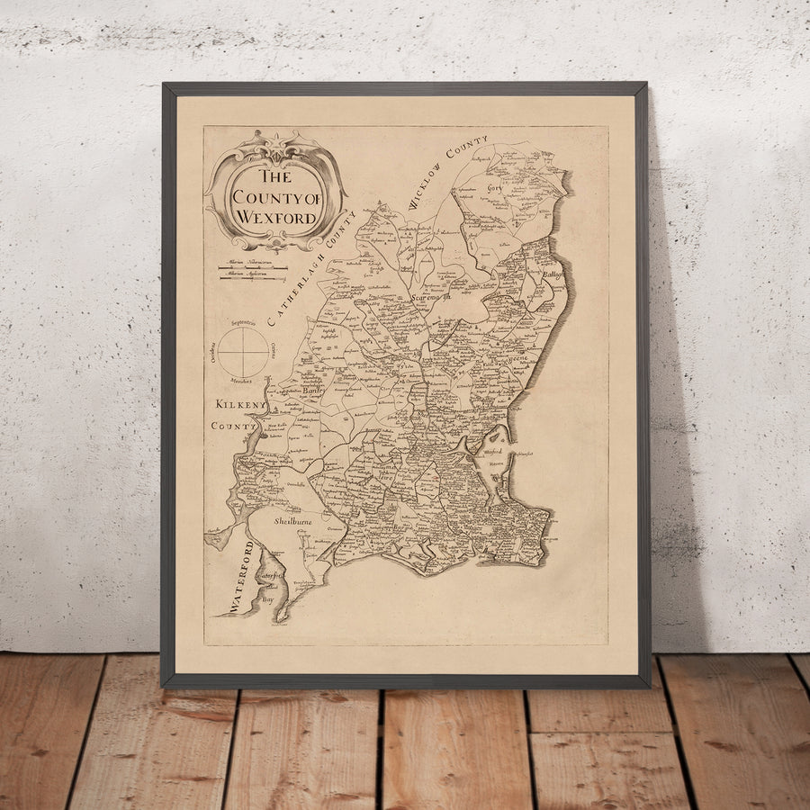 Ancienne carte du comté de Wexford par Petty, 1685 : Clonmines, Enniscorthy, New Ross, Bannow, Duncormick 