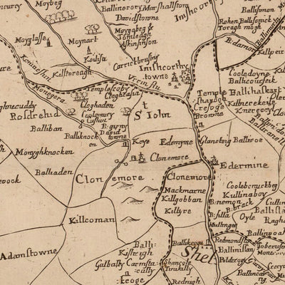 Ancienne carte du comté de Wexford par Petty, 1685 : Clonmines, Enniscorthy, New Ross, Bannow, Duncormick 