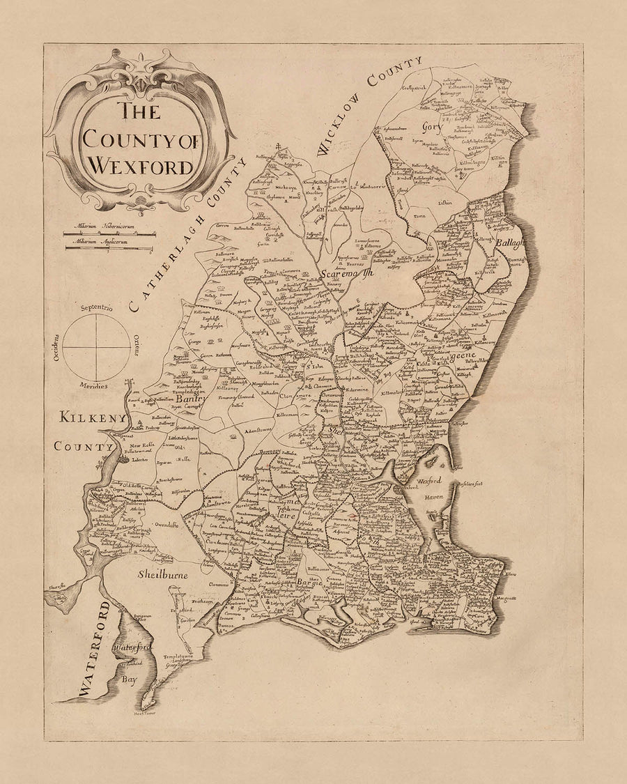 Ancienne carte du comté de Wexford par Petty, 1685 : Clonmines, Enniscorthy, New Ross, Bannow, Duncormick 