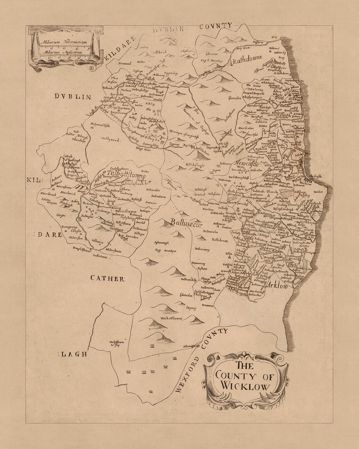Old Map of County Wicklow by Petty, 1685: Wicklow Mountains, Glendalough, Arklow, Bray, Blessington