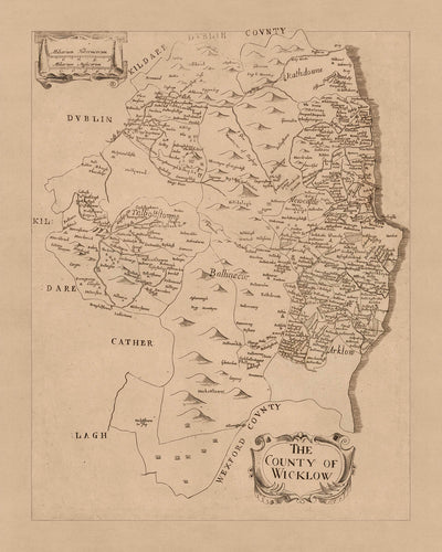 Old Map of County Wicklow by Petty, 1685: Wicklow Mountains, Glendalough, Arklow, Bray, Blessington