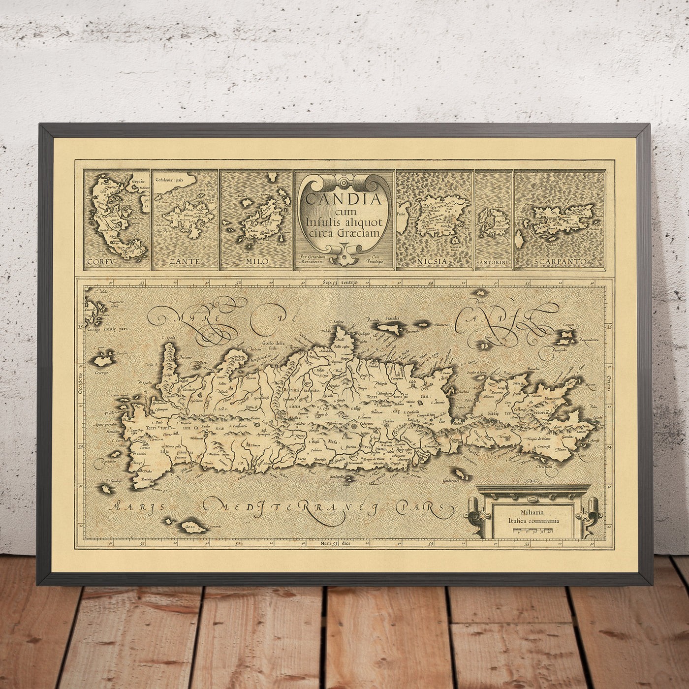 Antigua mapa de las islas griegas por Mercator, 1610: Creta, Corfú, Zante, Santorini, montañas 