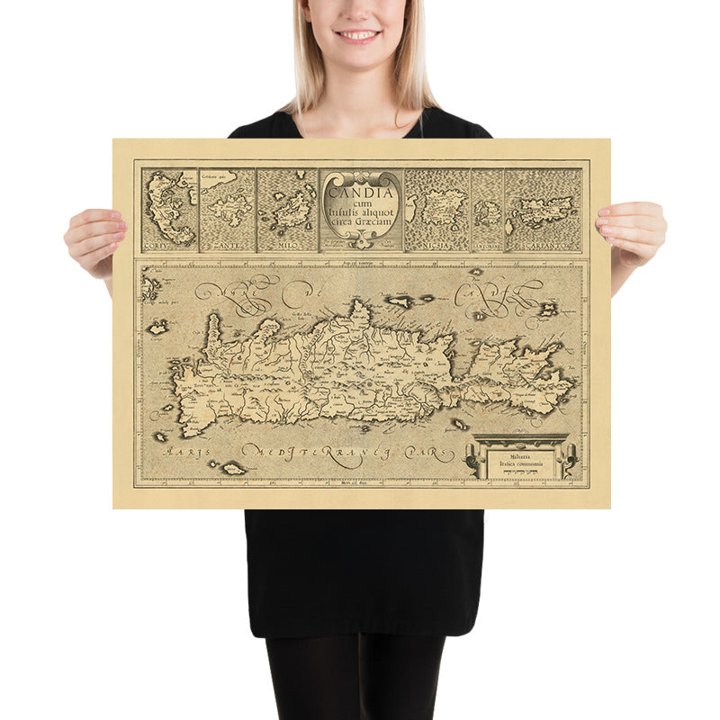 Antigua mapa de las islas griegas por Mercator, 1610: Creta, Corfú, Zante, Santorini, montañas 