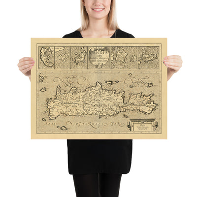 Antigua mapa de las islas griegas por Mercator, 1610: Creta, Corfú, Zante, Santorini, montañas 
