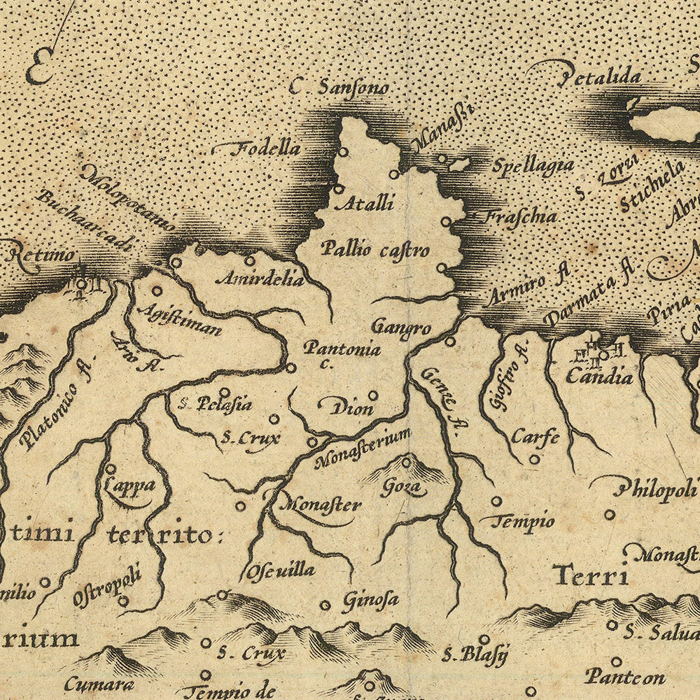 Antigua mapa de las islas griegas por Mercator, 1610: Creta, Corfú, Zante, Santorini, montañas 