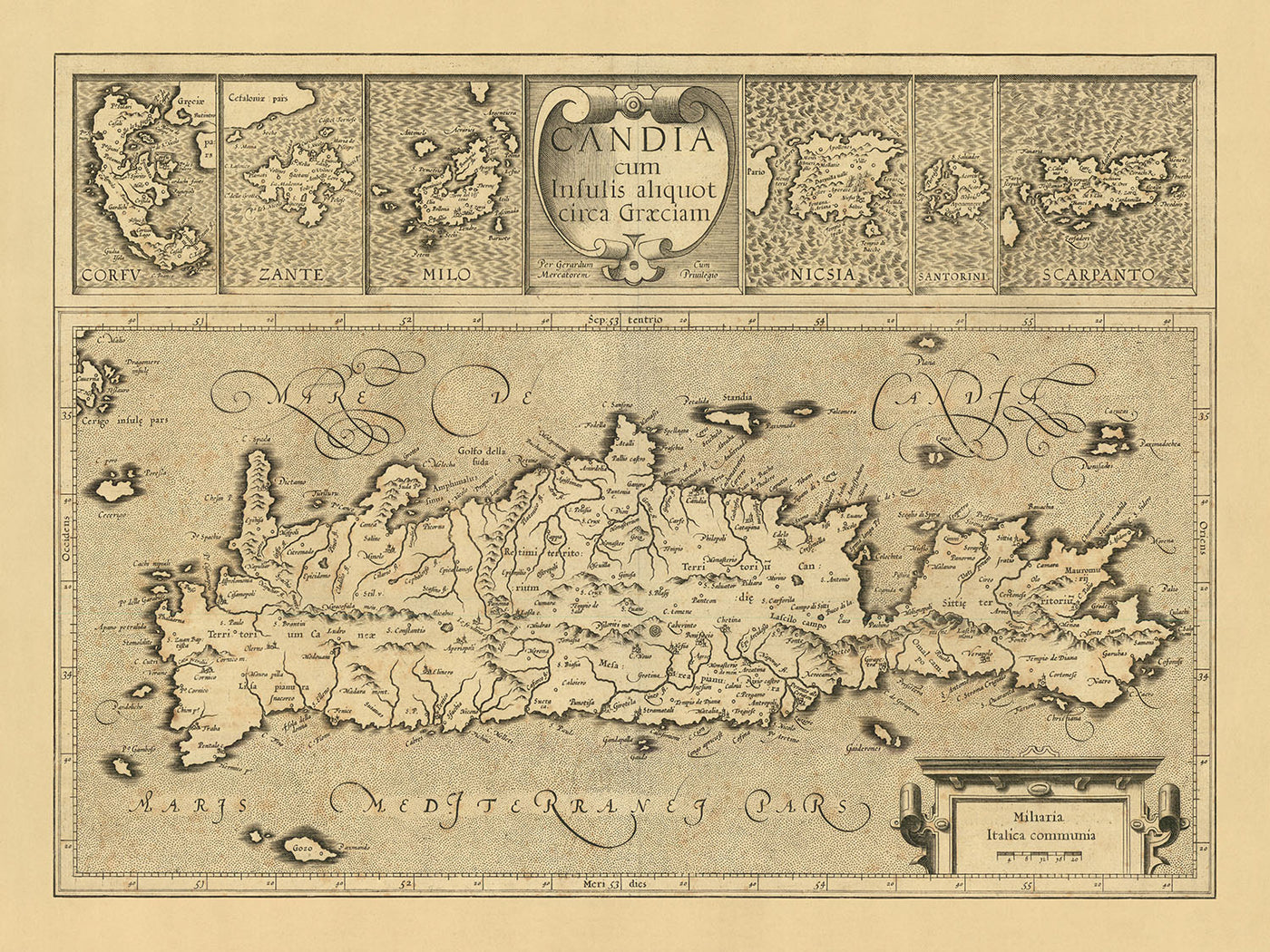Antigua mapa de las islas griegas por Mercator, 1610: Creta, Corfú, Zante, Santorini, montañas 