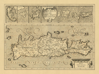 Antigua mapa de las islas griegas por Mercator, 1610: Creta, Corfú, Zante, Santorini, montañas 
